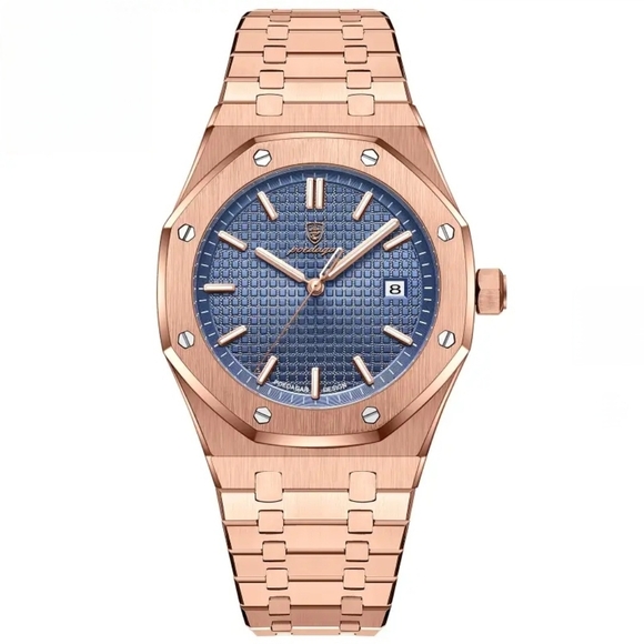 Rose Gold Luxury Watch with Blue Textured Dial & Date Display